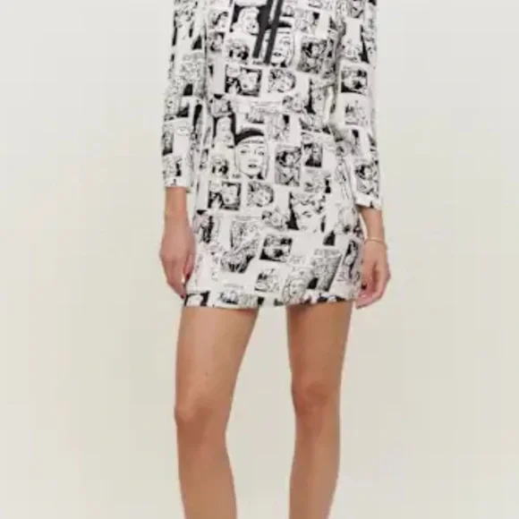 REFORMATION Rocco Dress Comic Print Black and White Dress Size 6 - Picture 4 of 9